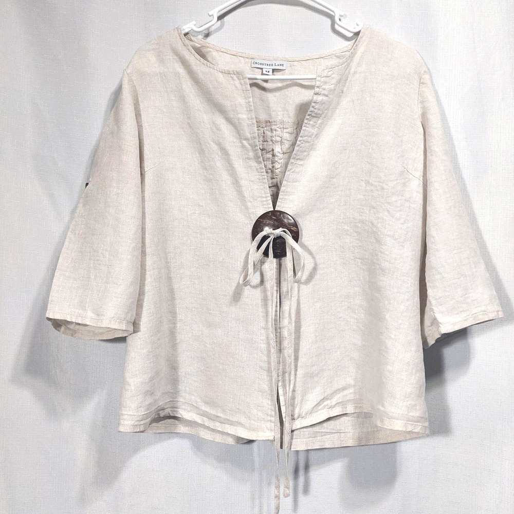Crosstree Lane Linen Blouse Womens Med Tie Front  Accent Button Smocking Cropped